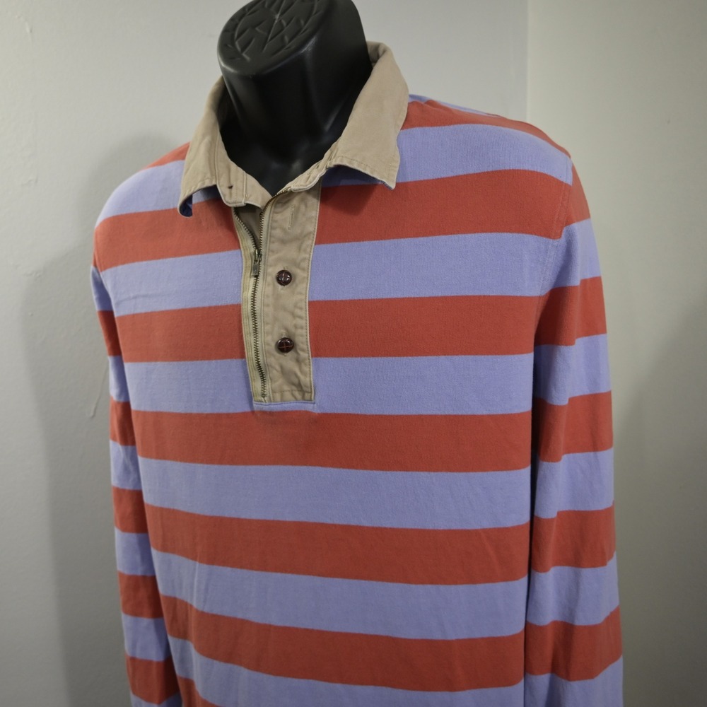 Faconnable Polo Sweater Mens XL Orange Blue Striped 1/4 Zip Cotton Pullover